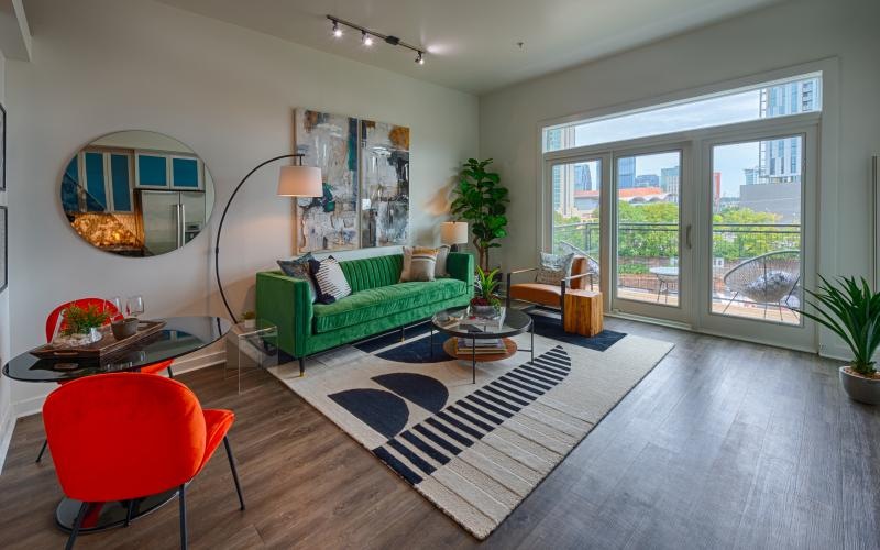 a living room with a large window